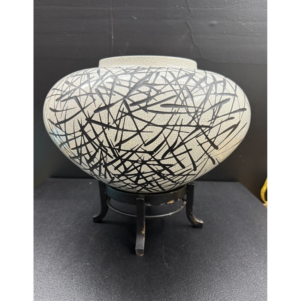 MCM Abstract Black & White Asian Inspired Ceramic Vase On Metal Stand